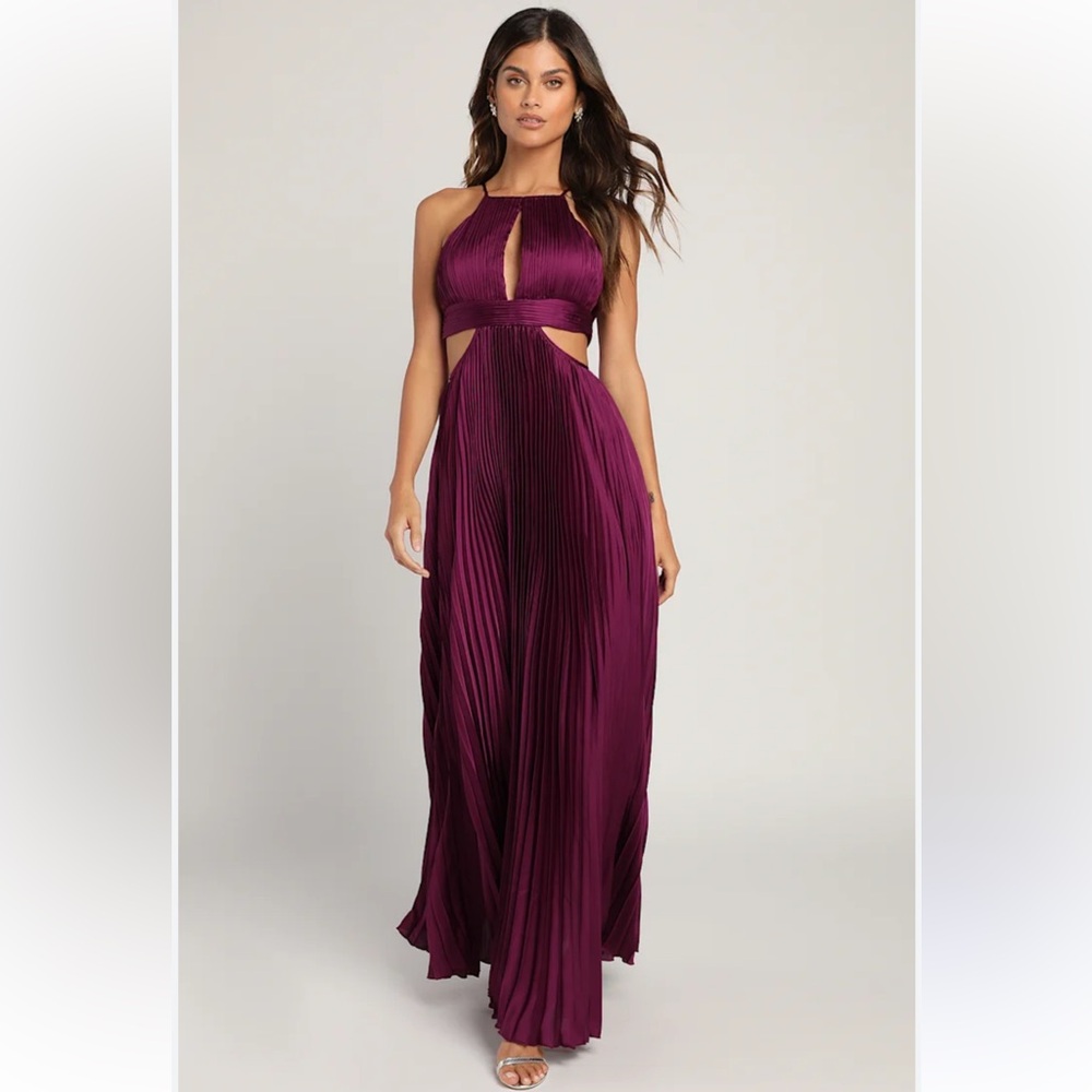 Minuet Plum satin pleated halter maxi dress size L 
( Maternity Optional )